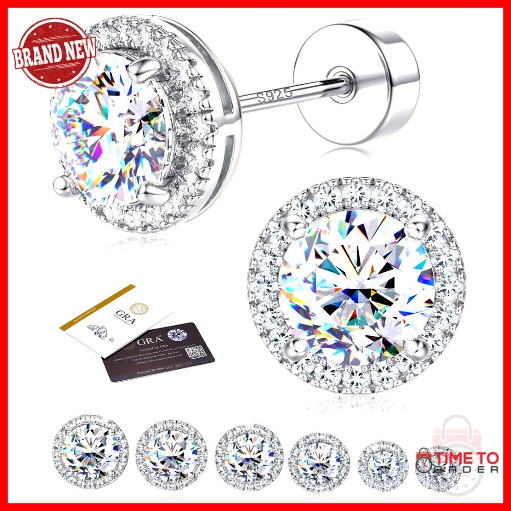 Sterling Silver Moissanite Stud Earrings, Flat Back, Hypoallergenic, 6.5mm
